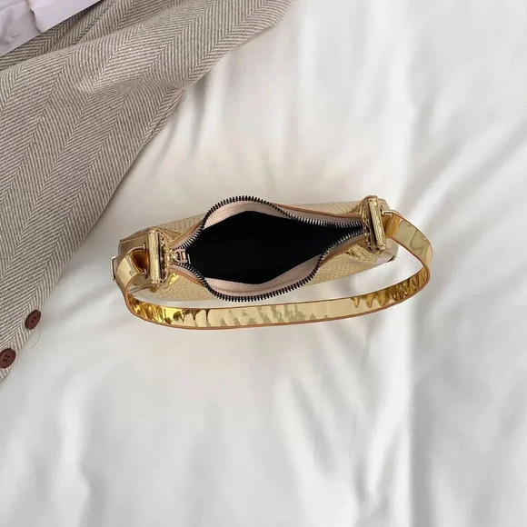 Gold Elegant Women's Metallic Embossed Hobo Bag Solid Color Shoulder Bag - Picture 4 of 4